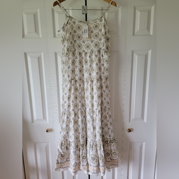 NWT Magaschoni Floral Linen Maxi Dress Cream L Large Summer Flower Cottagecore - Picture 1 of 12